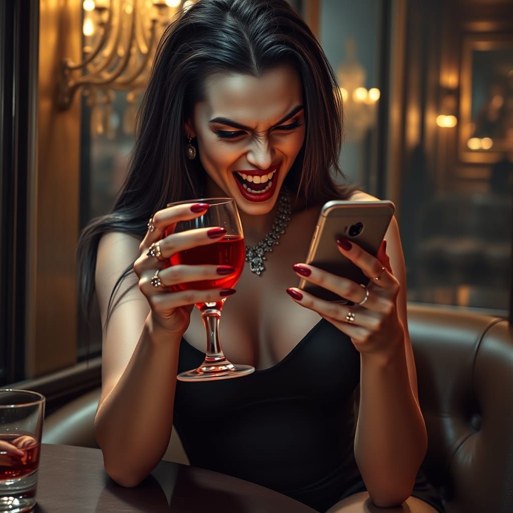 Sultry Vampire Sits Alone in a Moody Cafe