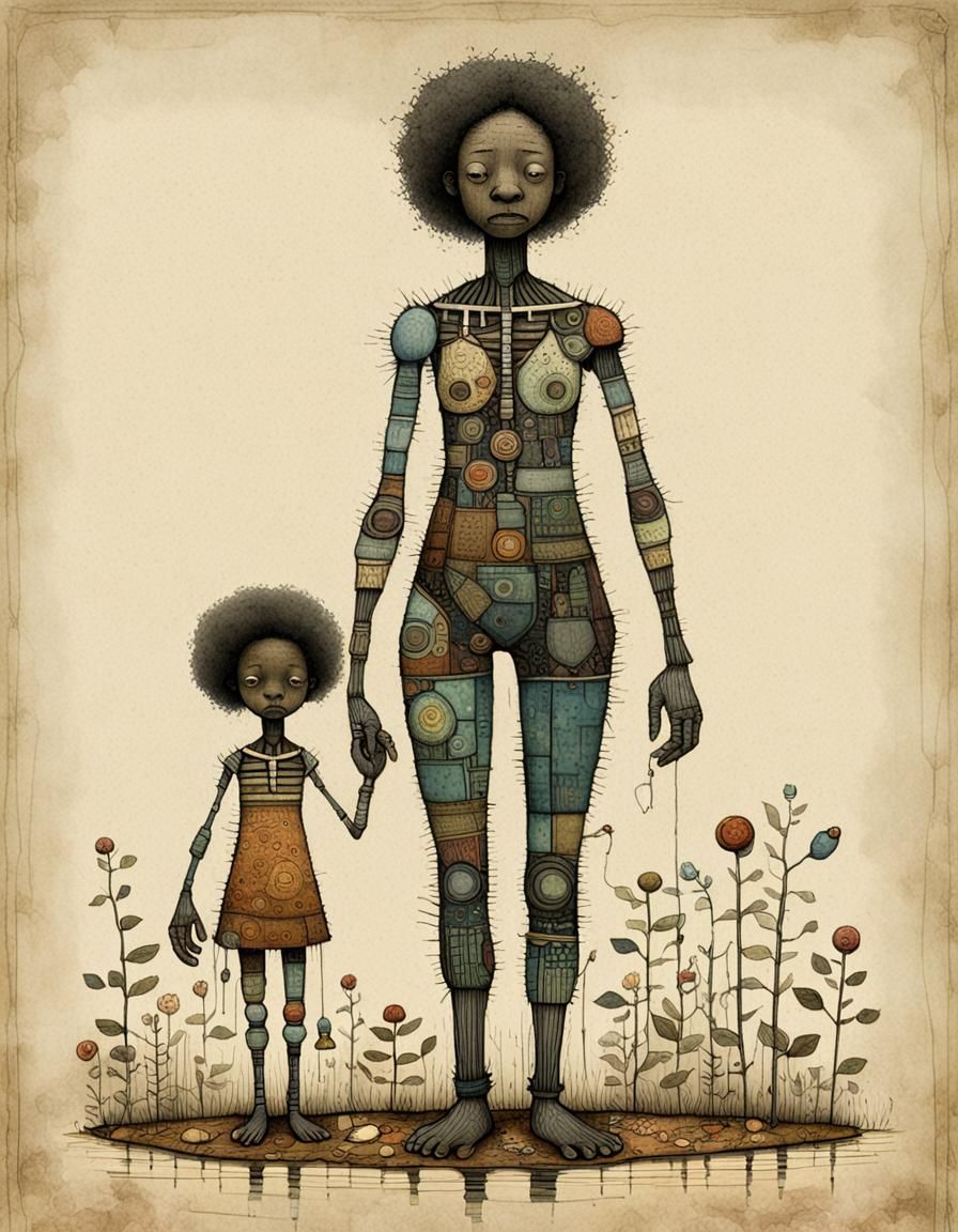 Touching Mother and Child Portrait in Surreal Style