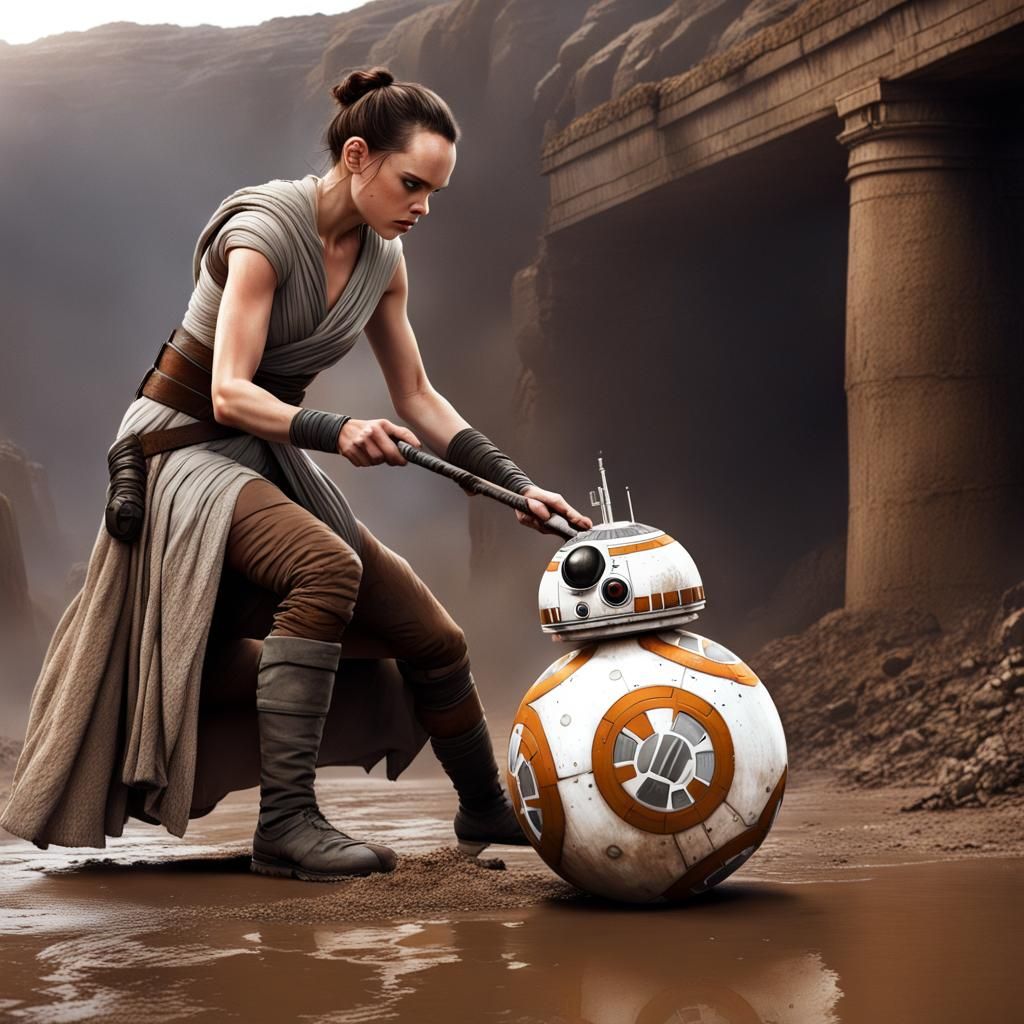 Rey Cleaning BB-8 in a Dramatic Star Wars Scene