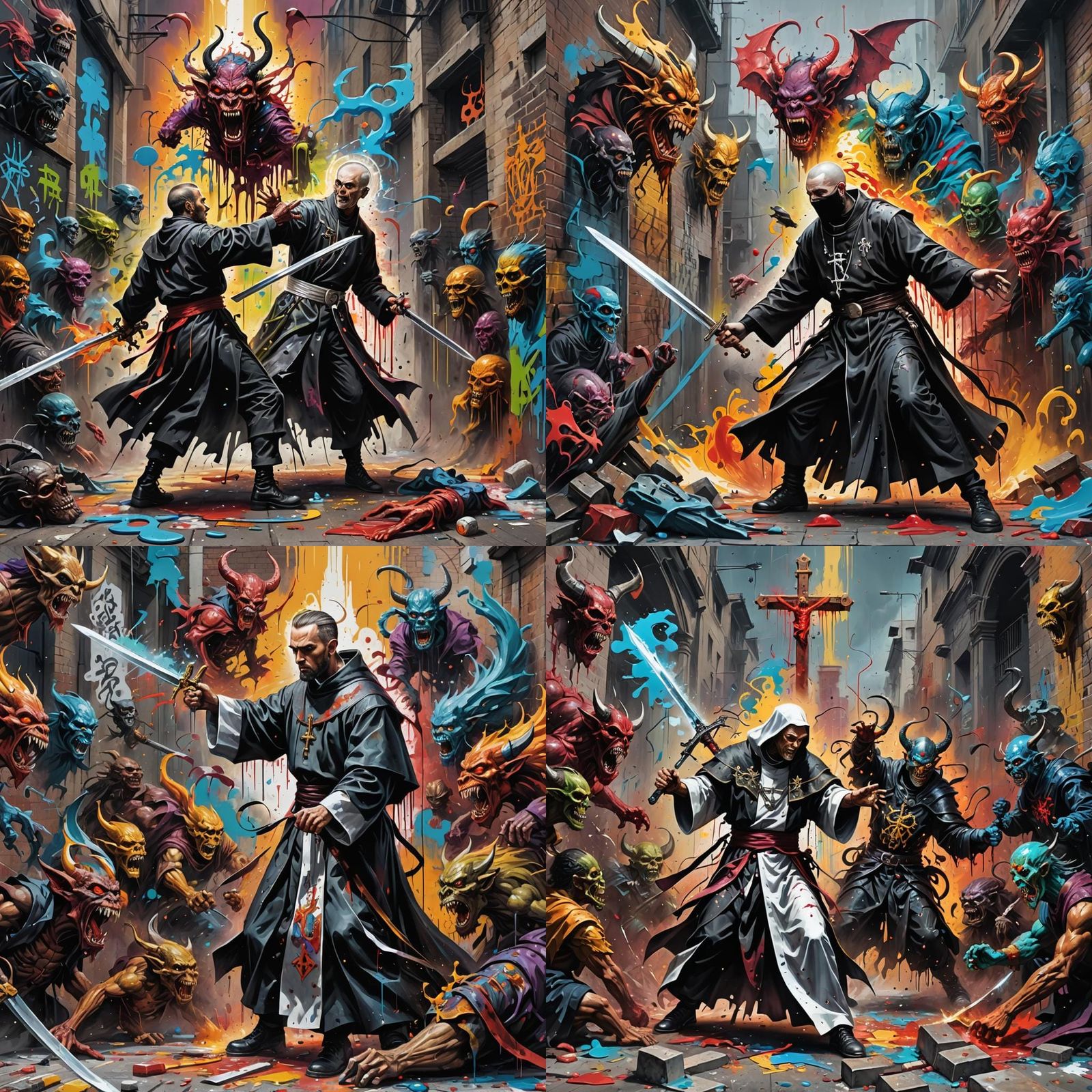 Priest Battles Demons: Graffiti Art with Sword and Cross