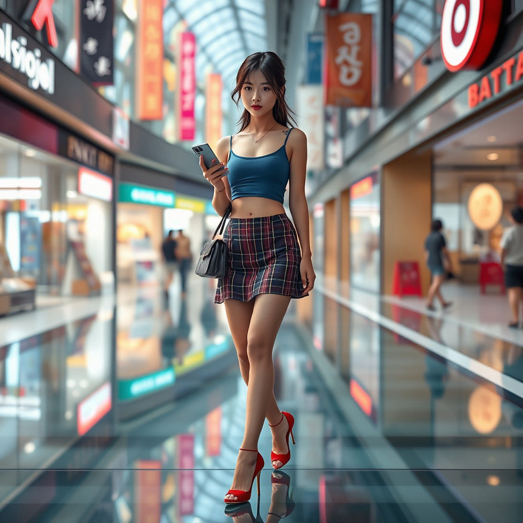 Elegant Korean Woman in Futuristic Shopping Center