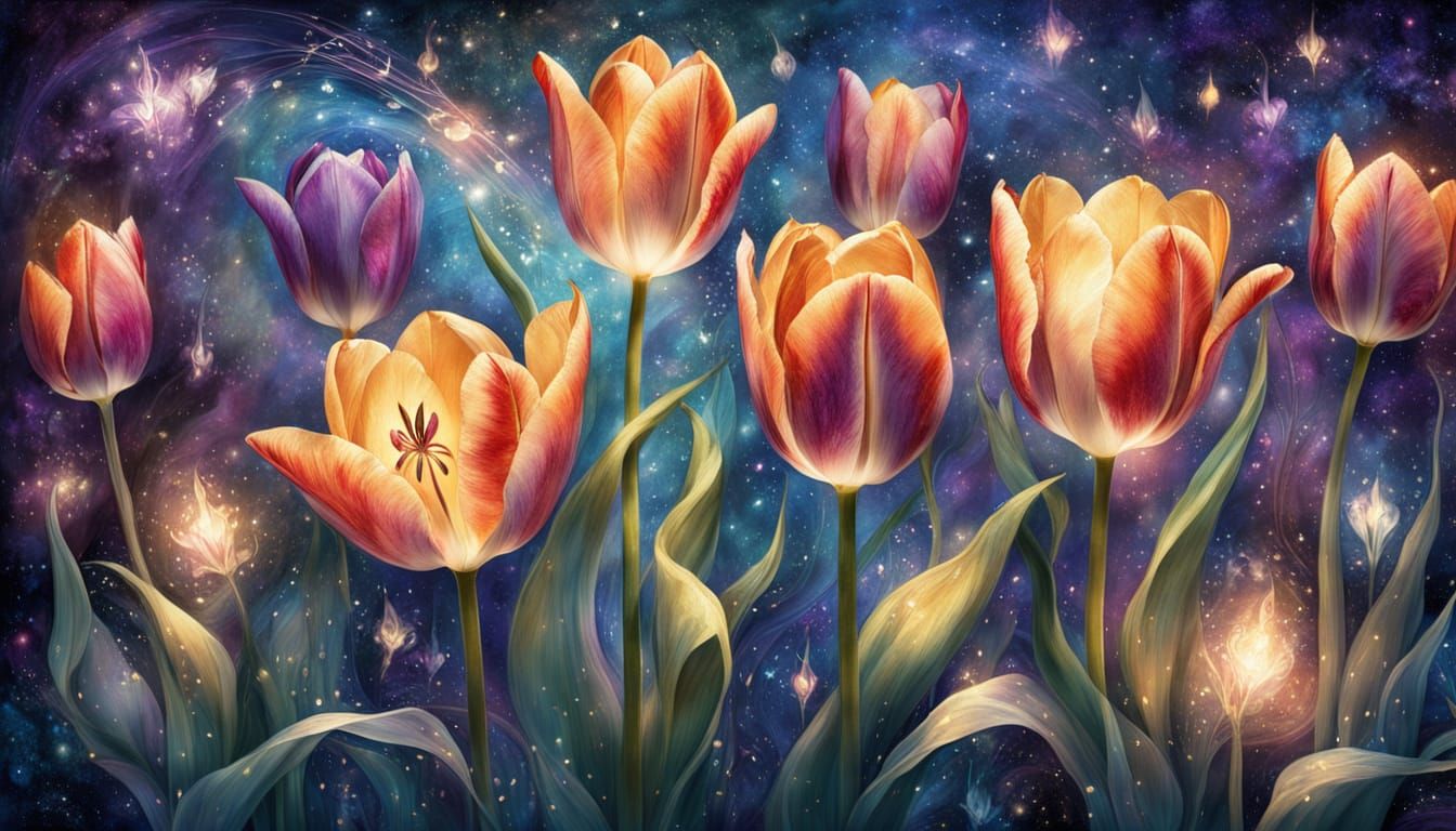 Ethereal Holographic Tulips in Whimsical Mixed Media Style