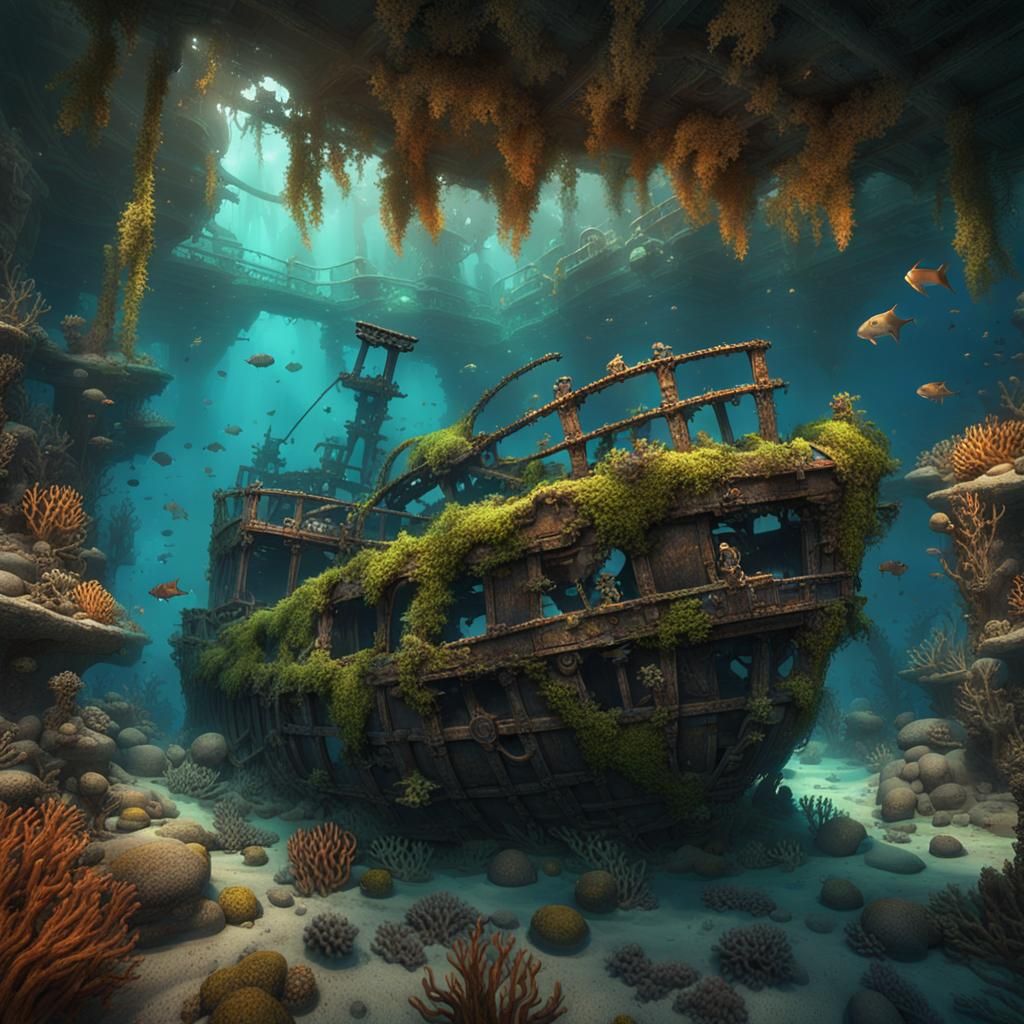 Sunken Shipwreck Among Coral Reefs in Deep Color
