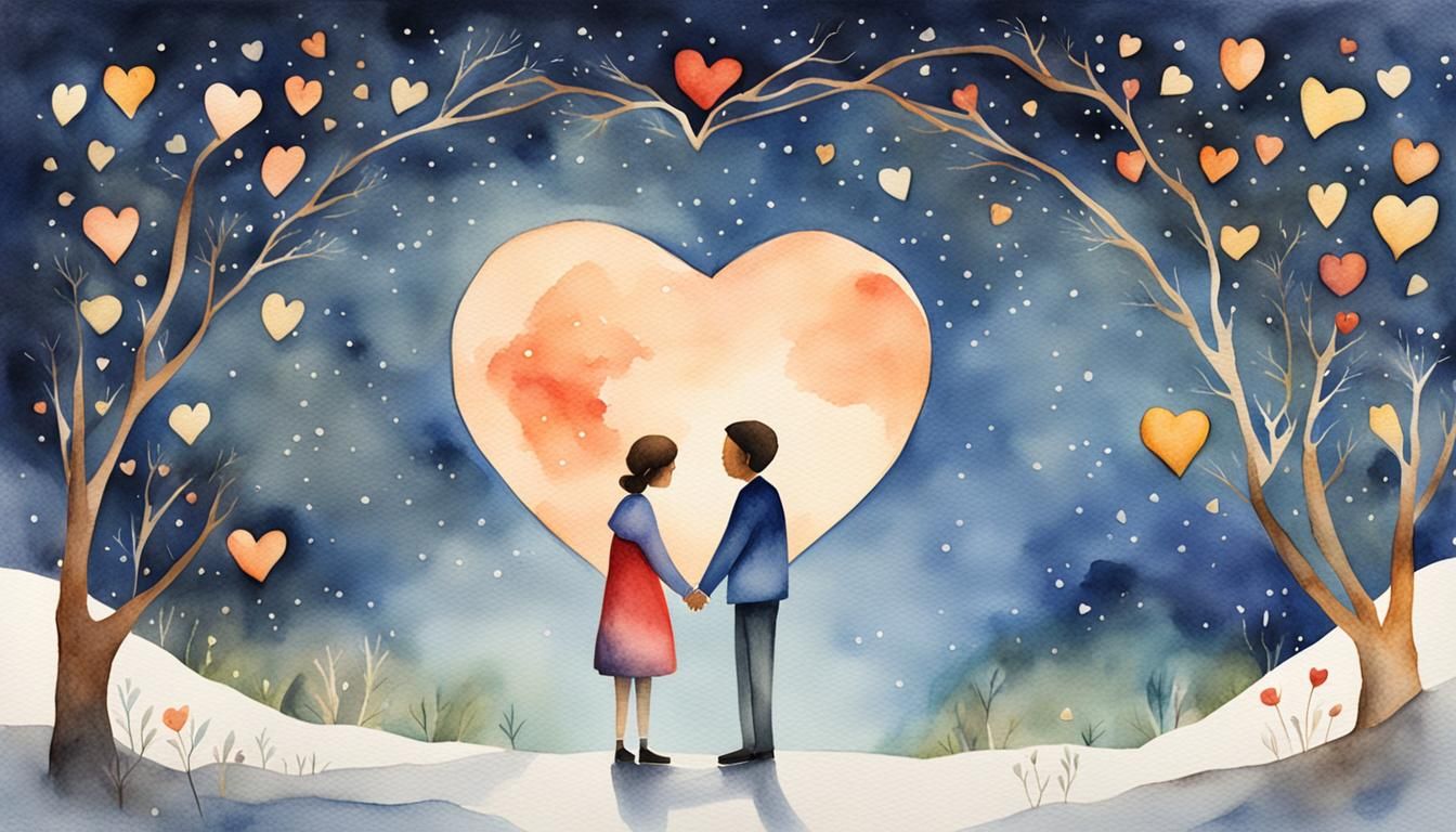 Watercolor Couple Under Heart-Shaped Moon