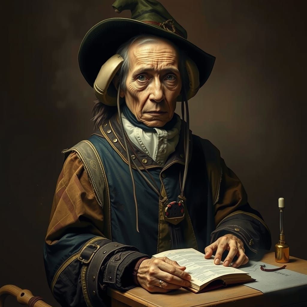 Surreal Scientist Among Mushroom Flags in Chiaroscuro Style