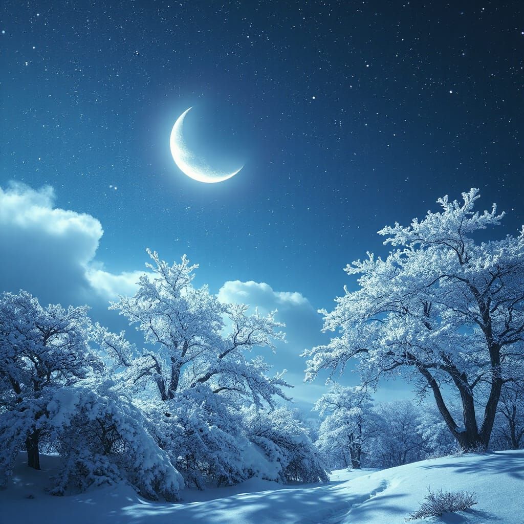 Surreal Winter Night Sky Over Snowy Landscape
