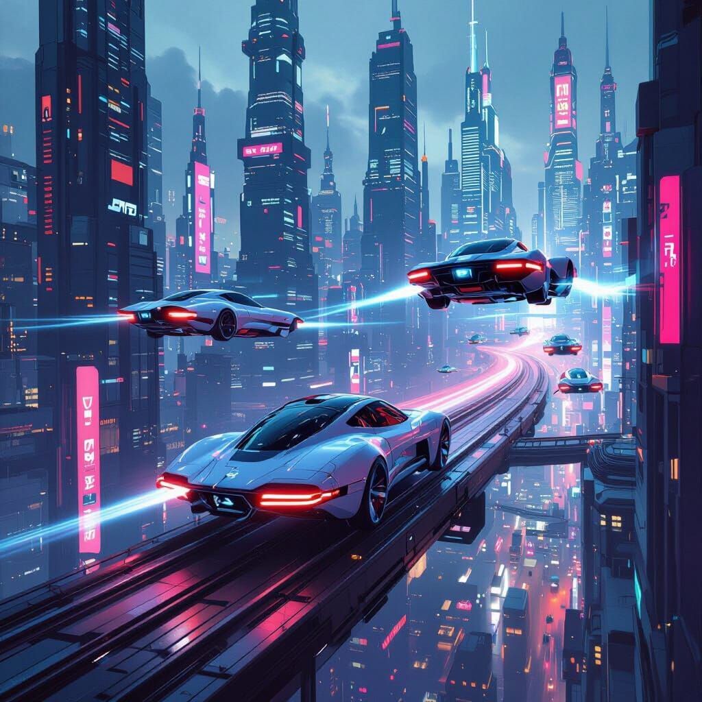 Flying Cars in Cyberpunk Cityscape