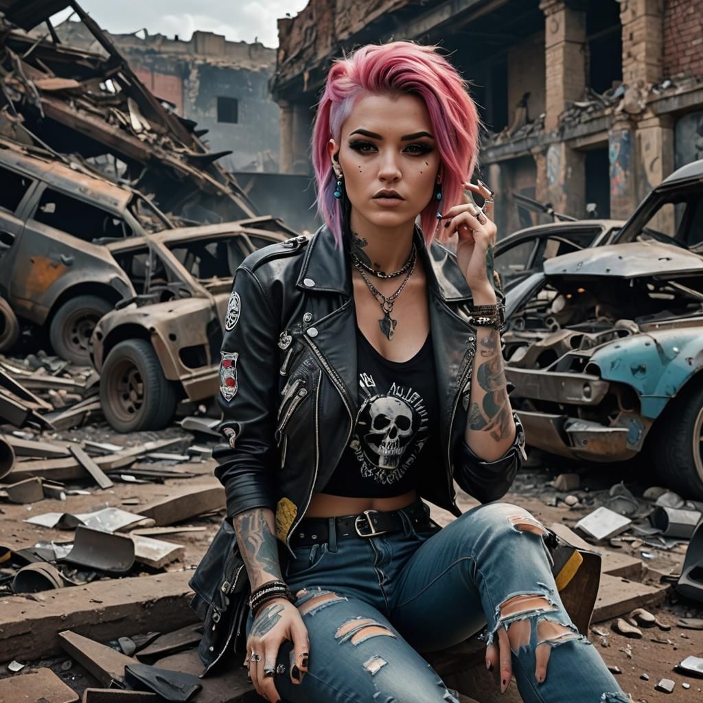 Punk Woman in Ruined Parking Lot: Acrylic Painting