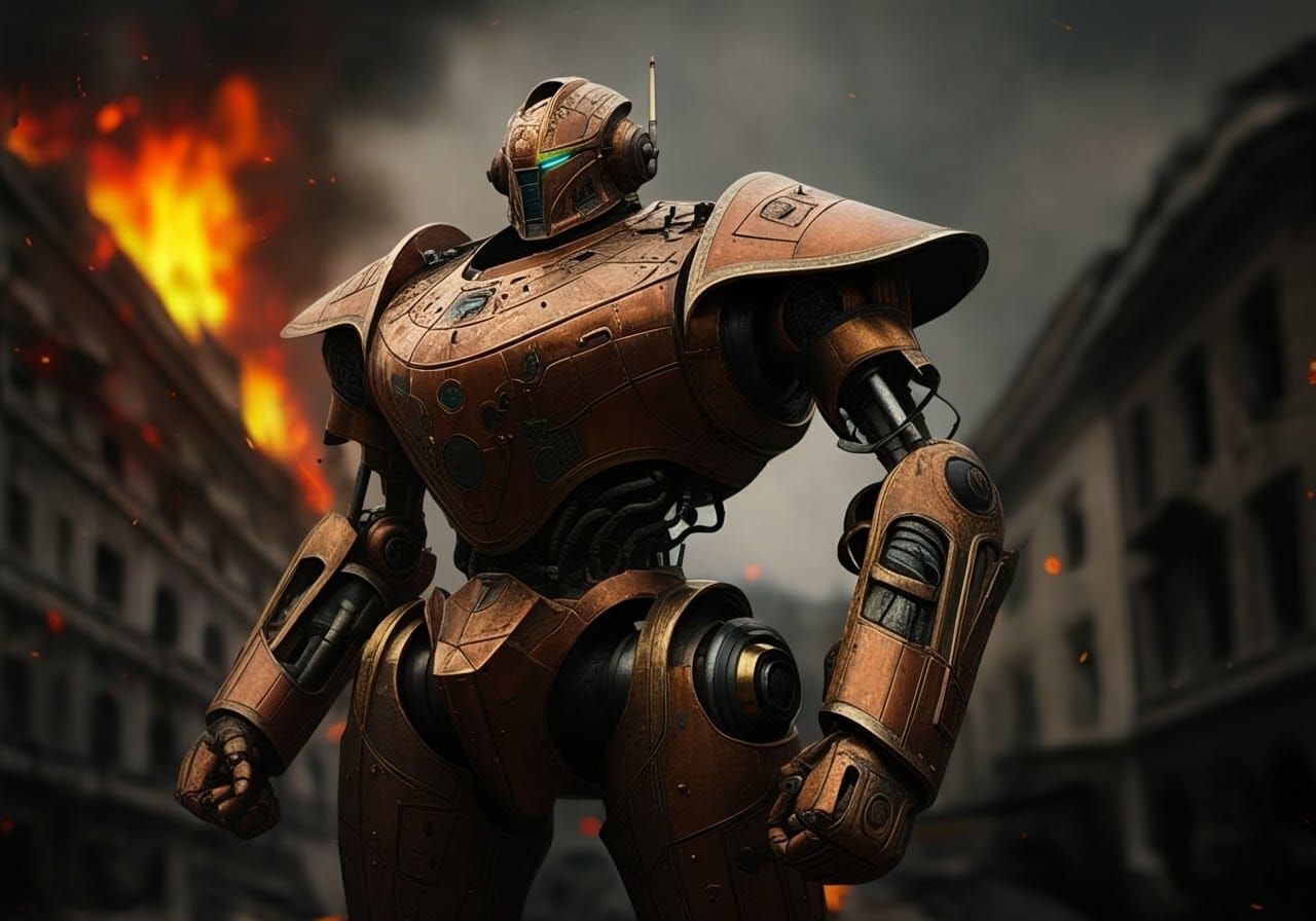 Mechanoid Warrior in Burning Cityscape: Classical Sci-Fi Art