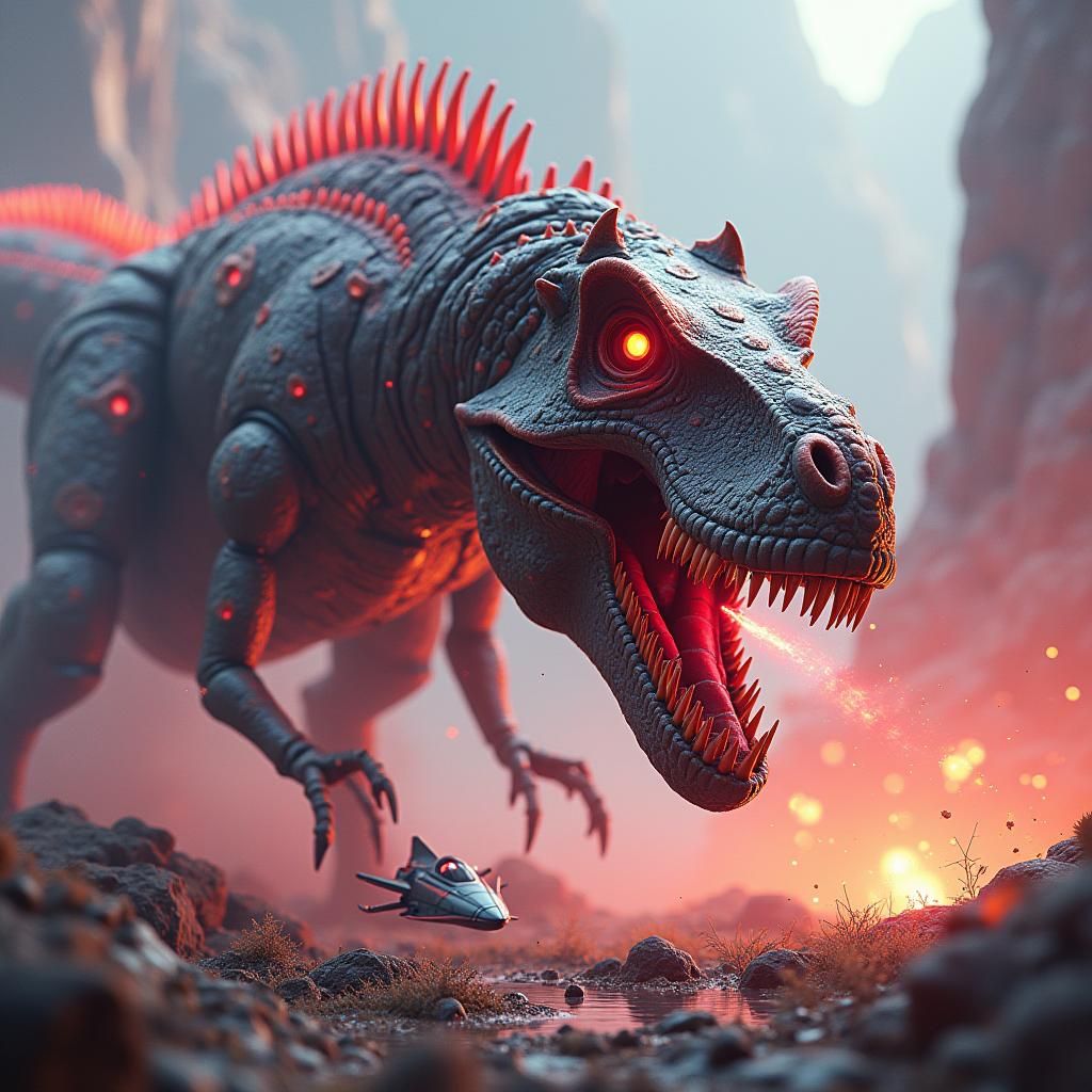 Dinosaur Robot Battles Spaceship on Alien World