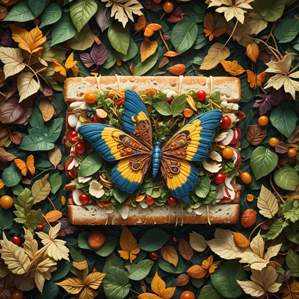 Whimsical Sandwich with Straw Butterfly: Fantasy Matte Paint...