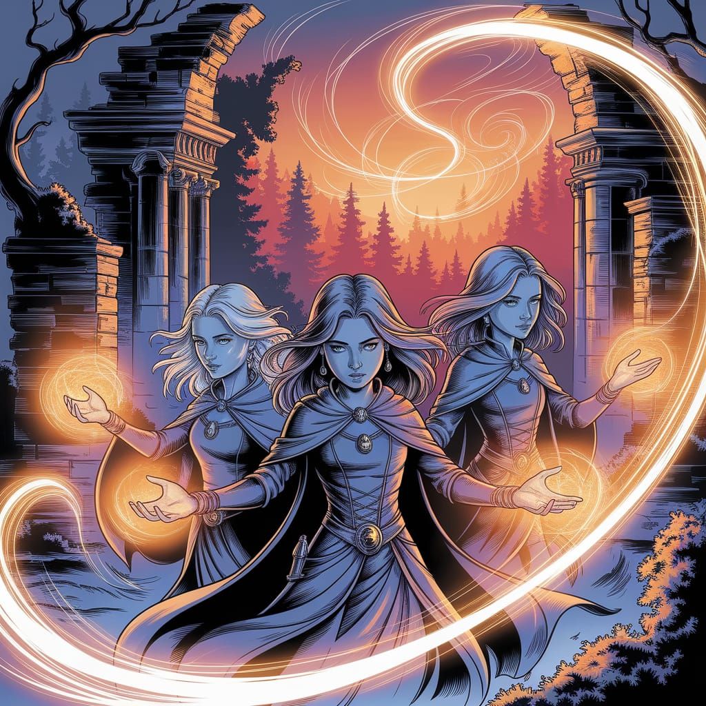 Three Sorceresses in Luminous Fantasy Atmosphere