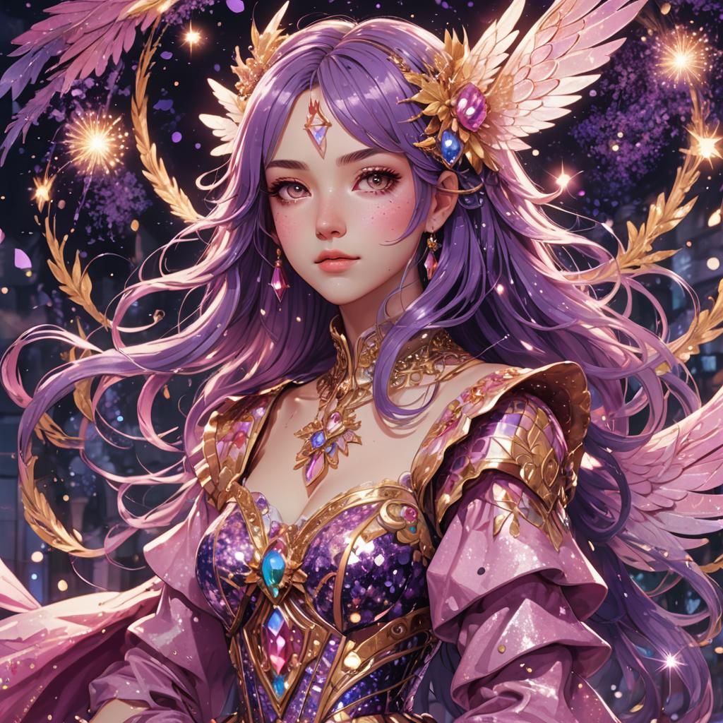 Anime Angel Girl with Glittering Purple Hair and Magical Pin...