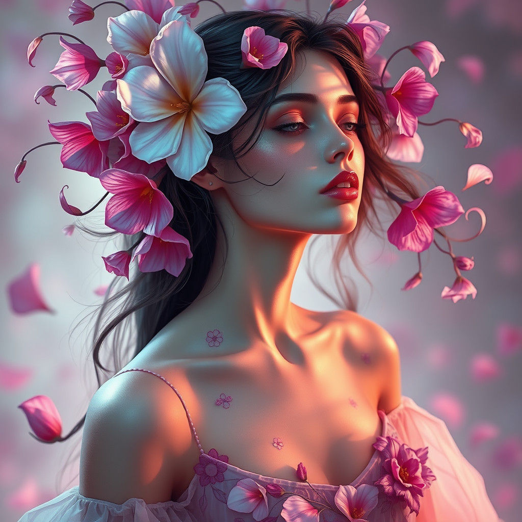 Ethereal Flower Girl Portrait in Art Nouveau Style