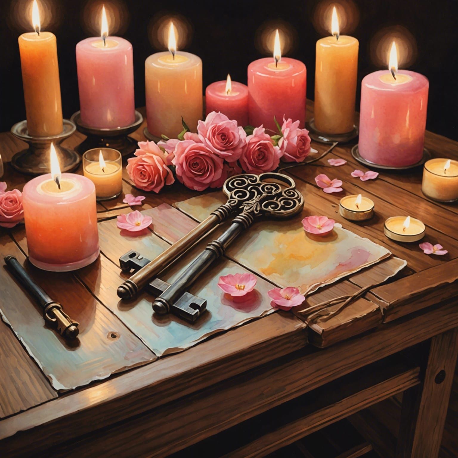 Pink Key Surrounded by Candles in Watercolor Style