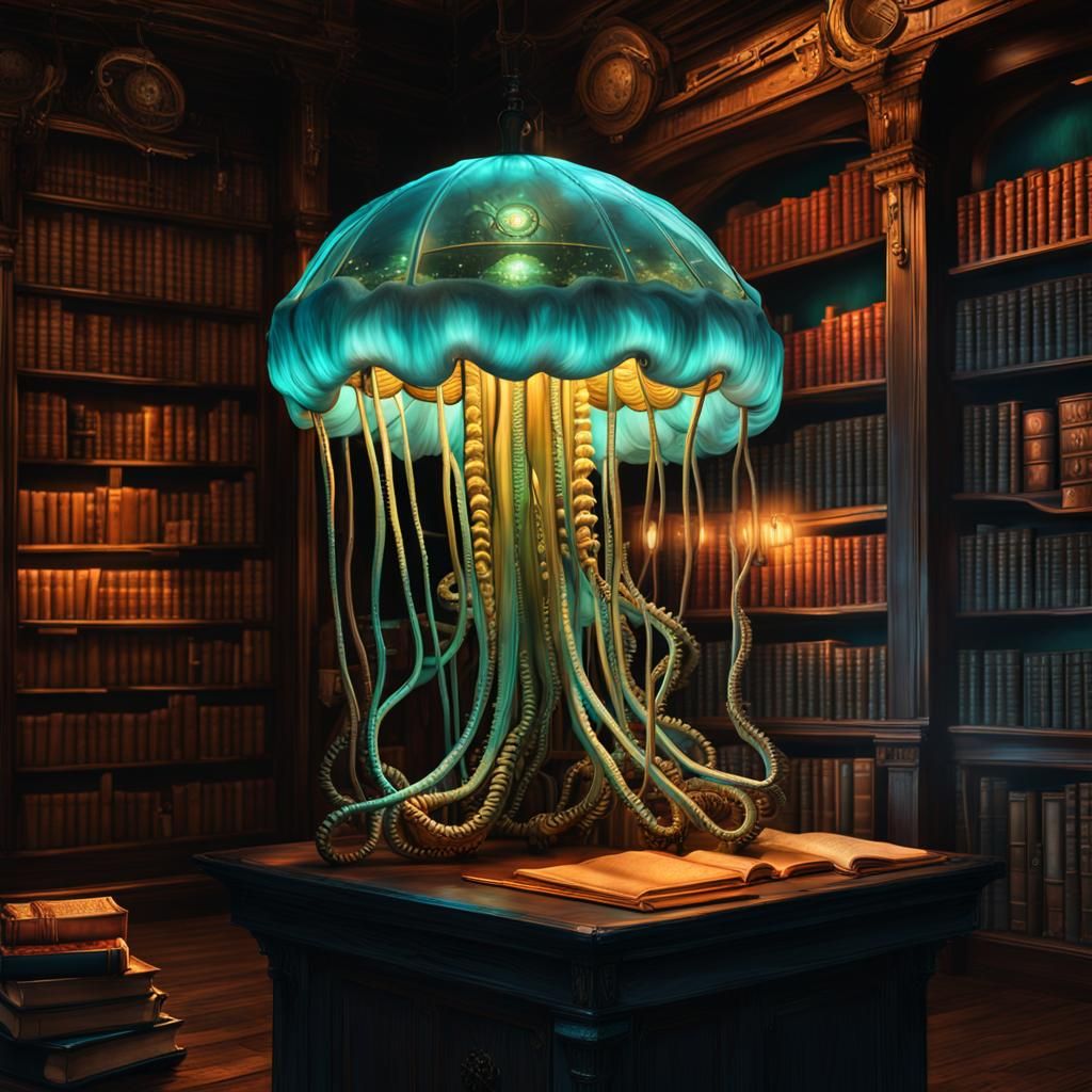 Steampunk Jellyfish Lamp in Bioluminescent Library