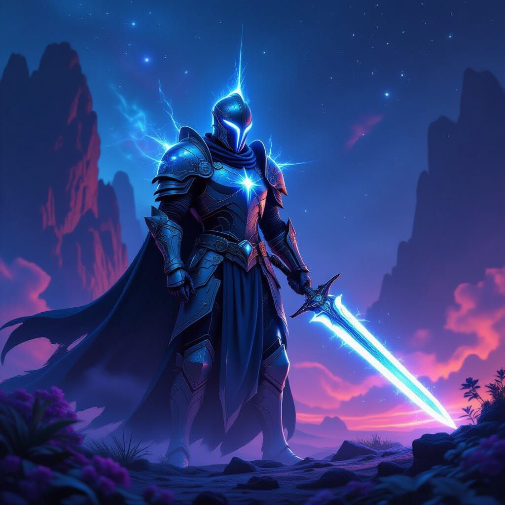 Celestial Knight Wields Cosmic Energy Sword on Nebula Planet