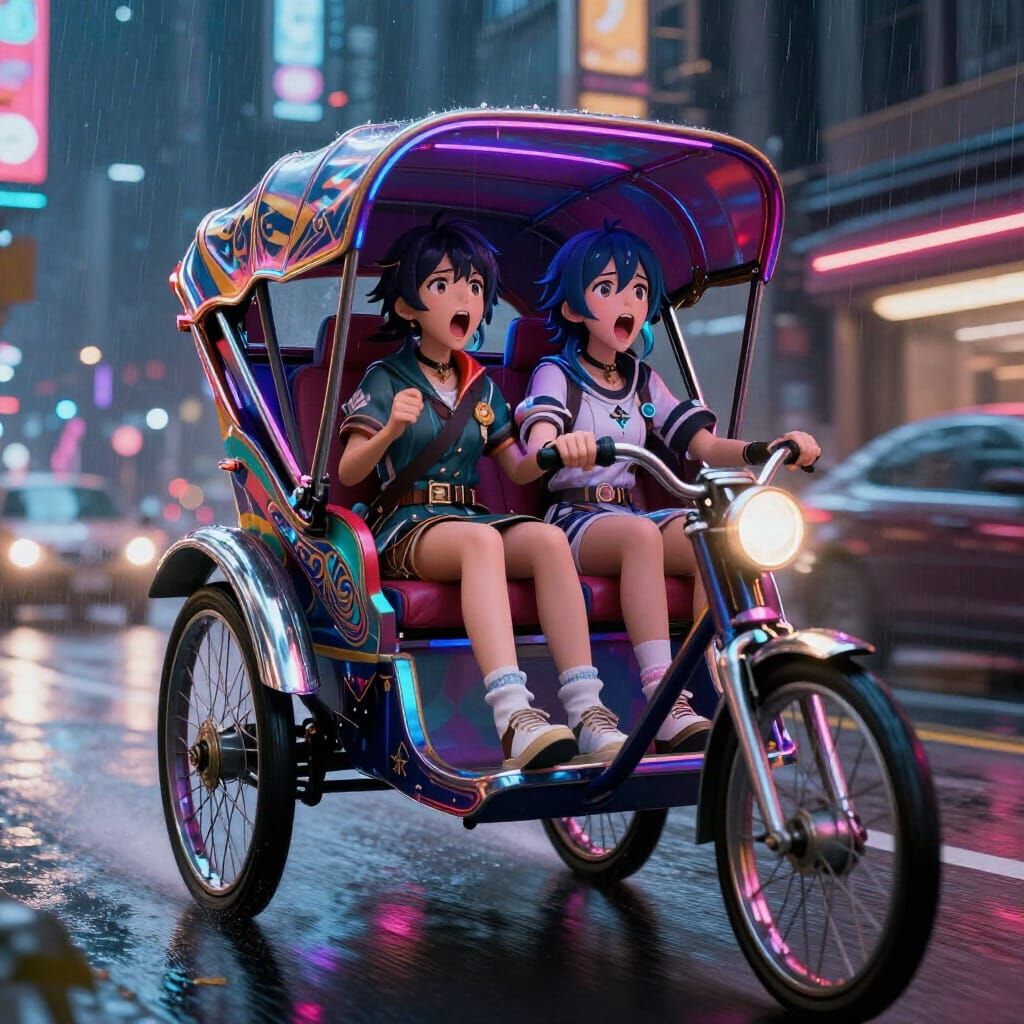 Cyberpunk Anime Rickshaw in Neon City