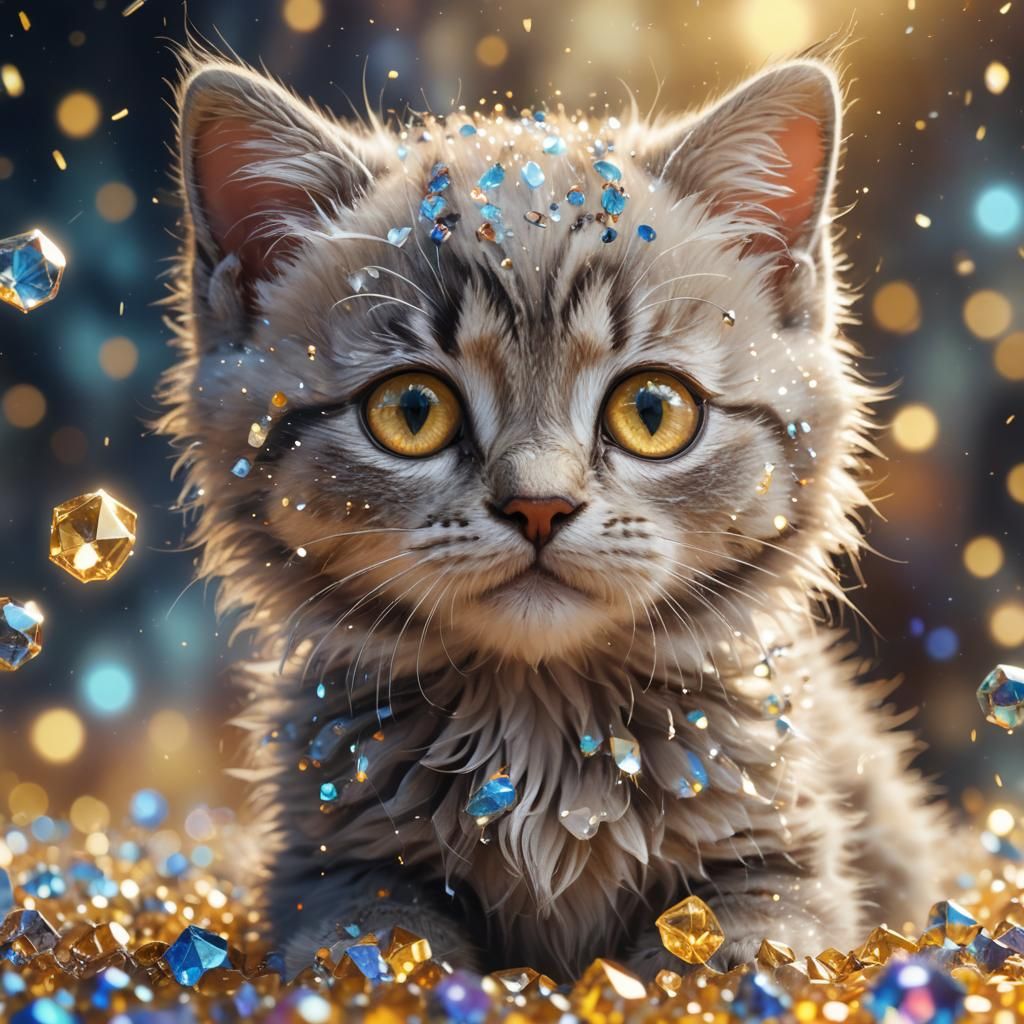Crystalline Kitten with Light Yellow Eyes: Fantasy Art
