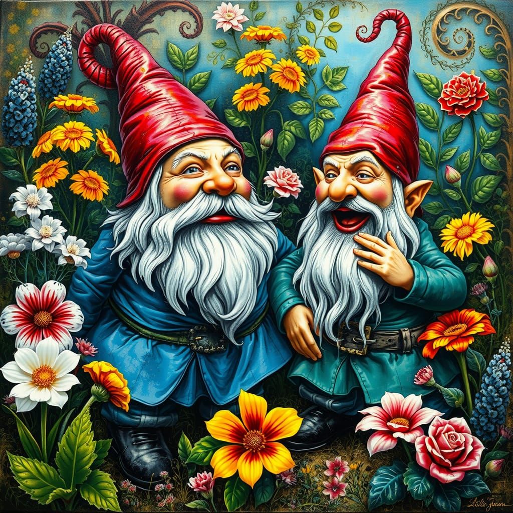 Laughing Gnome in Garden, Photorealistic Oil Painting