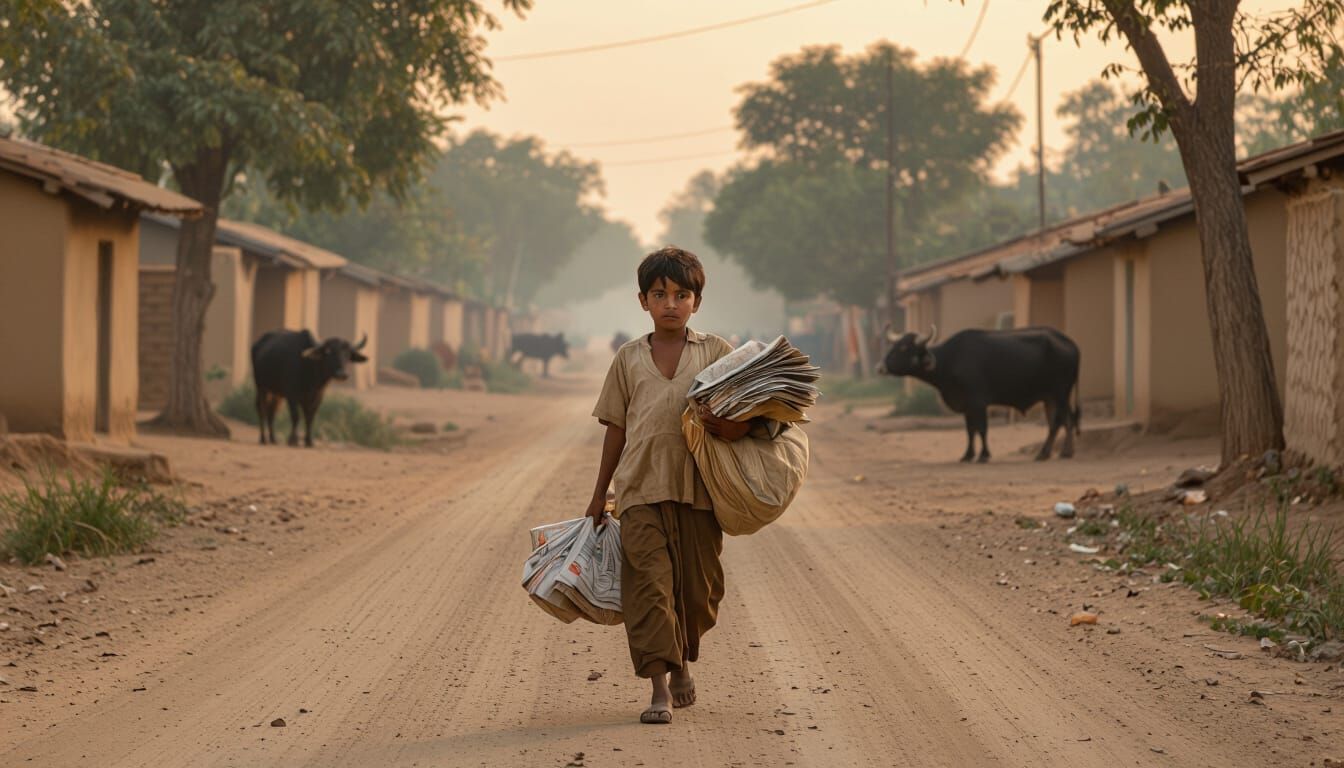 Indian Boy Newspaper Delivery: Earthy Tones
