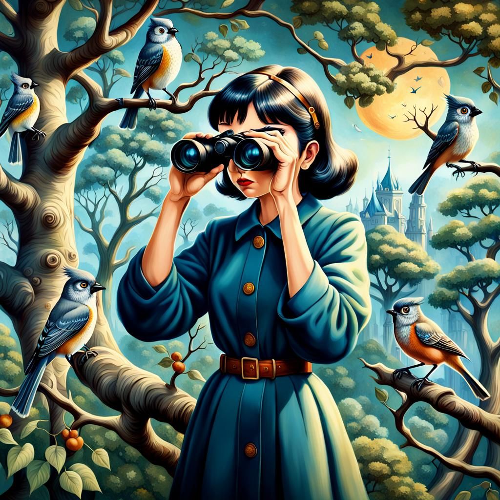 Big-Eyed Woman Watching Bird, Pop Surrealism Style