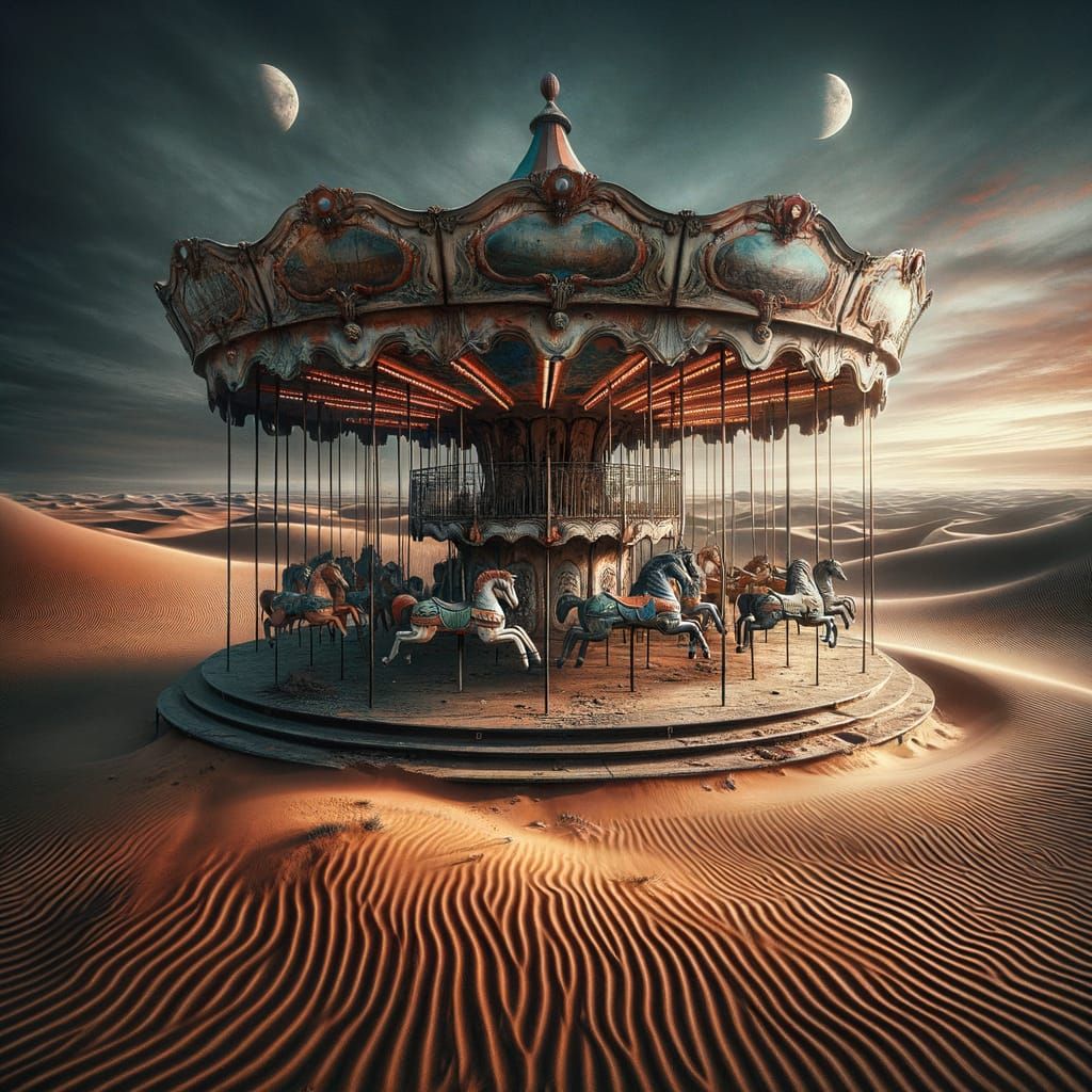 Forsaken Carousel Under Twin Moons in Desert