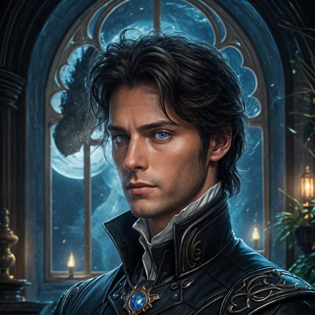 Hyperrealistic Prince in Dark Study with Moonlight