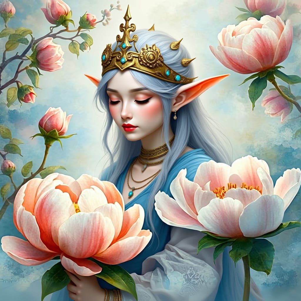 Ethereal Elf Princess Portrait with Peonies in Soft Fantasy ...