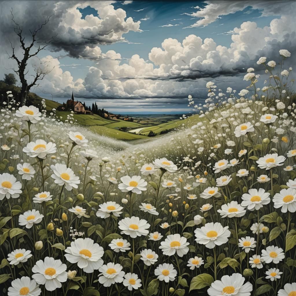 Surreal Flower Cloud Landscape in Oil