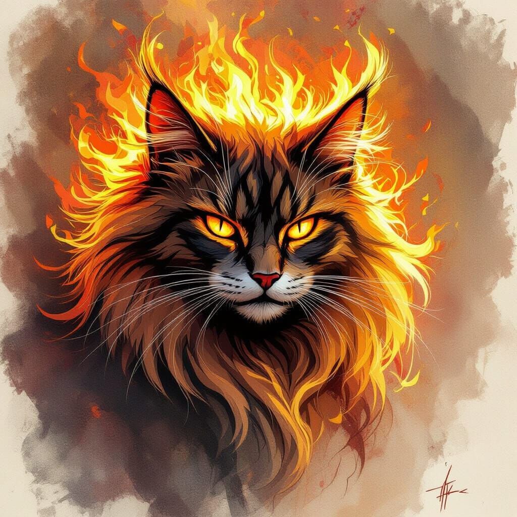Fiery Cat with Flame Mane as Expressive Sketch