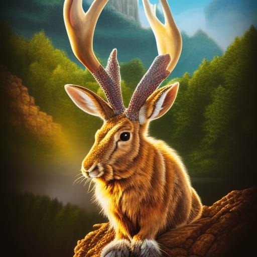 Jackalope in Mountain Landscape: Hyperrealistic Splash Art