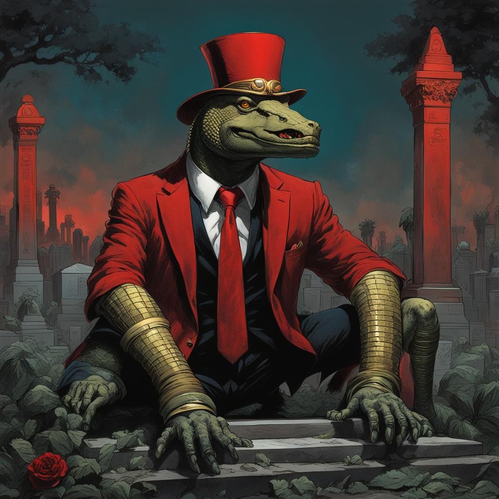Hyperrealistic Sobek in Cemetery, Enki Bilal Style