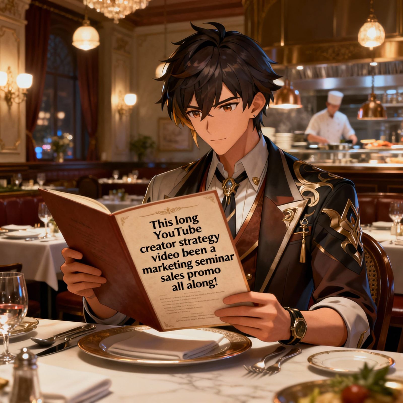 Man Reads Funny Menu in Gourmet Restaurant, Anime Style