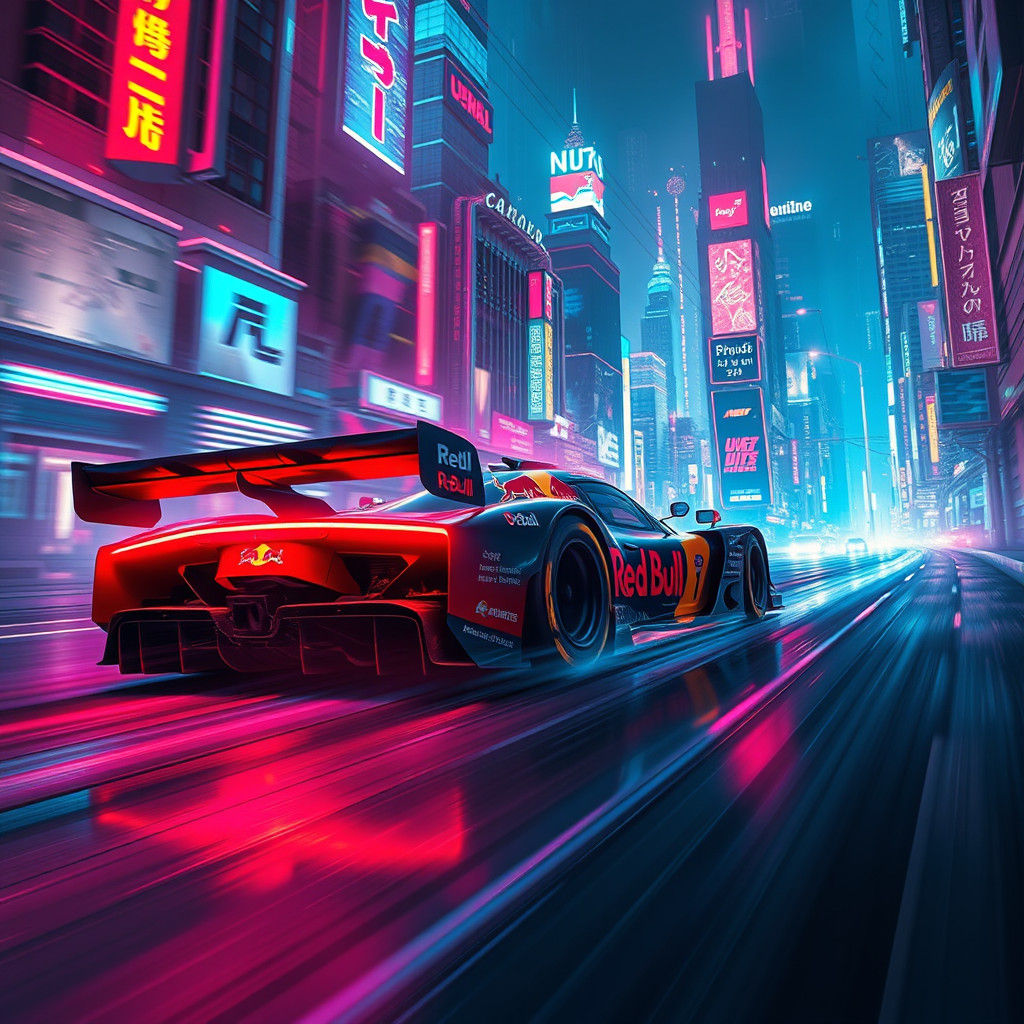Neon Red Bull Race Car in Sci-Fi Cityscape