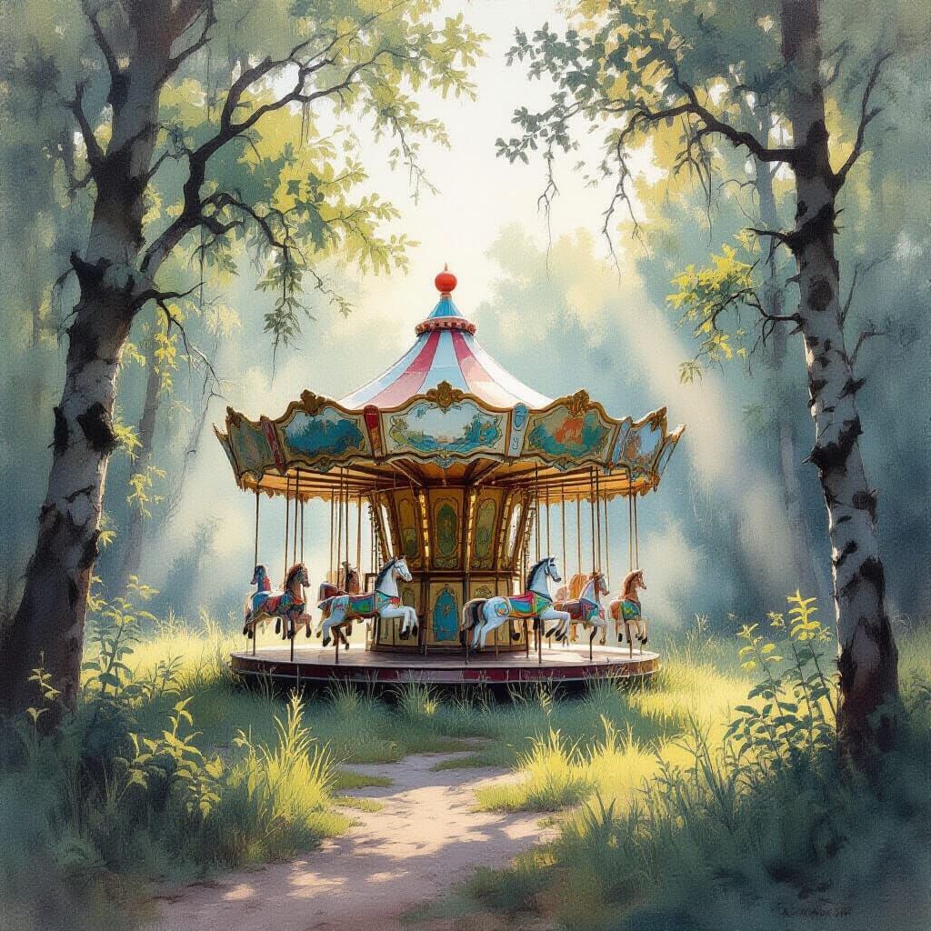 Abandoned Carousel in Misty Meadow Watercolor