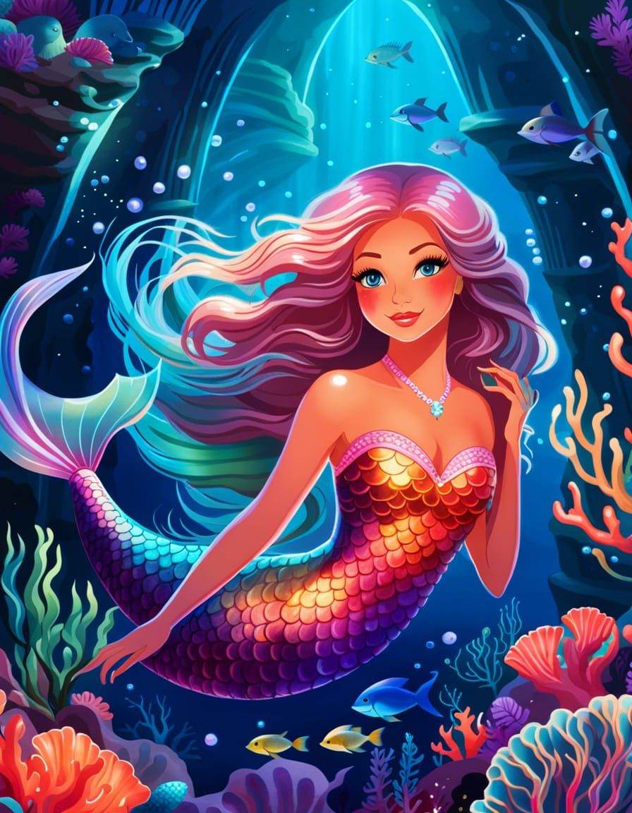 Ethereal Mermaid in Bioluminescent Underwater Cave