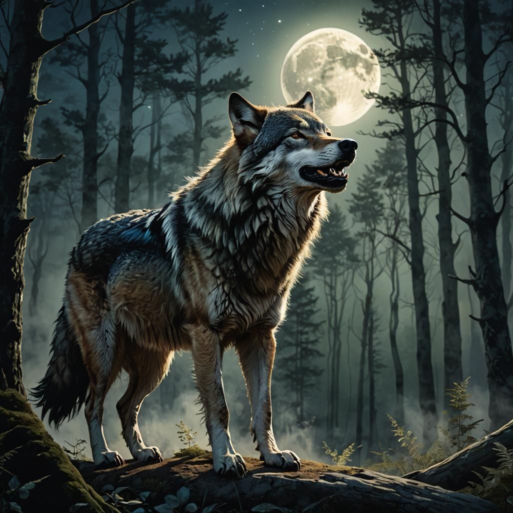 Wolf Howling in Moonlight: Hyperrealistic Wildlife Illustrat...