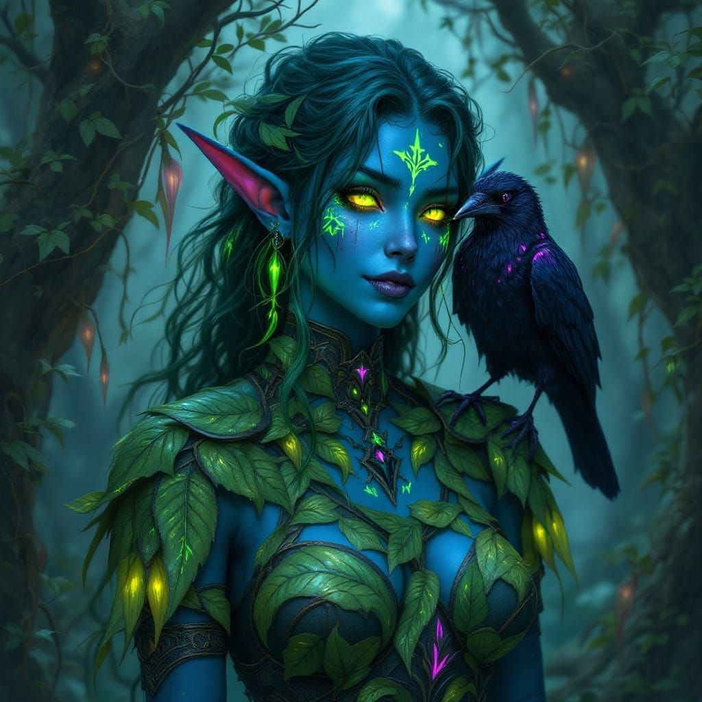 Whimsical Druidess in Leaf-Themed Armor with Raven Familiar