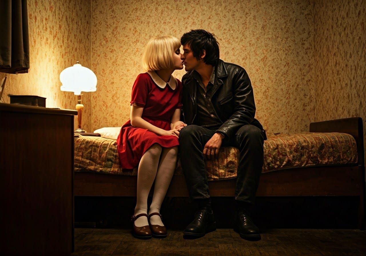 Romantic 1970s Motel Room Scene with Vintage Style