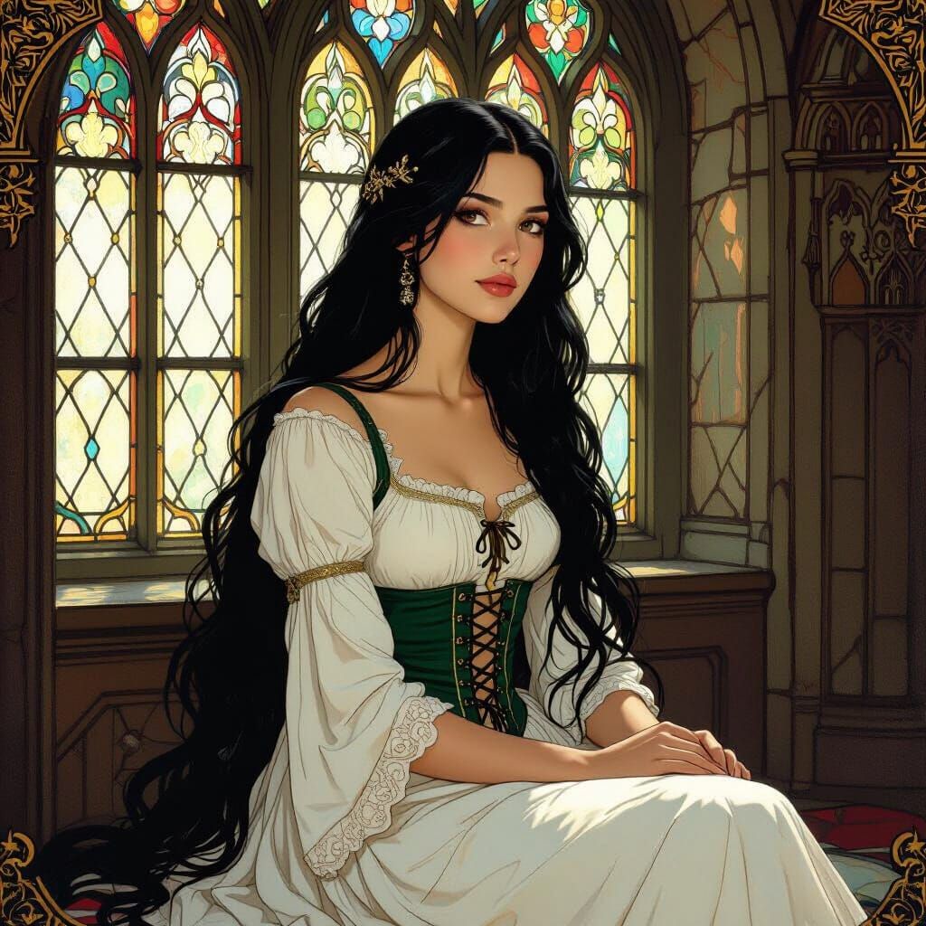 Medieval Woman in Sunlit Room, Art Nouveau Style