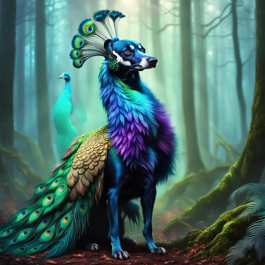 Whimsical Peacock Dog Hybrid in a Dreamlike Forest