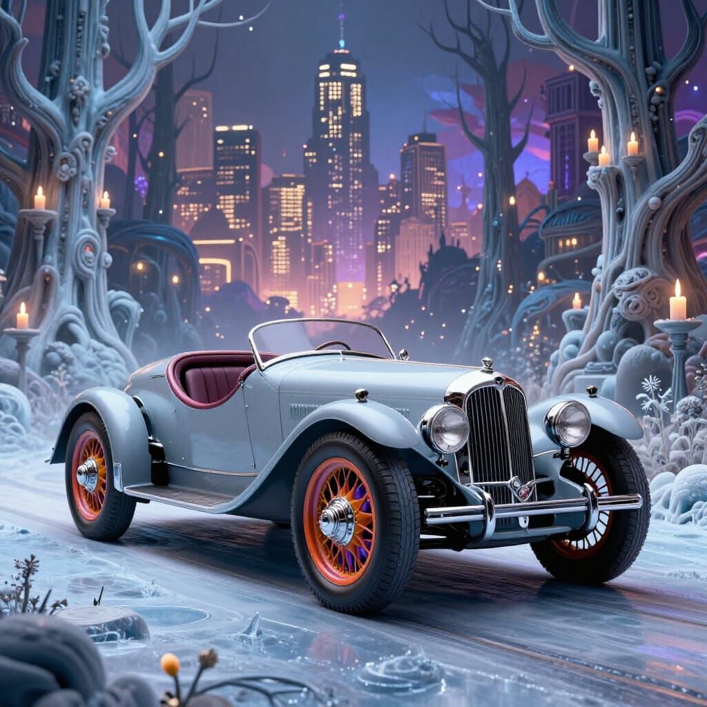 Restomod 1928 Duesenberg on Icy Road With City Lights