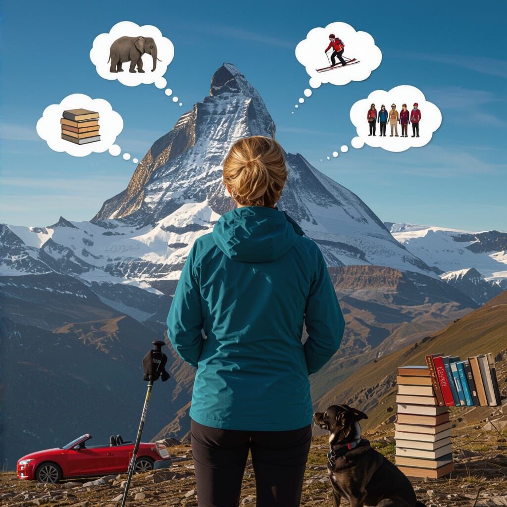 Sporty Woman and Dog Before Matterhorn in Fantasy Art Style