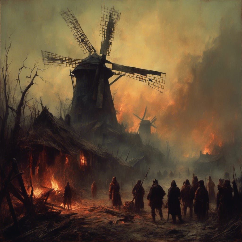 Peasants Witness Burning Windmill in Dark Medieval Style
