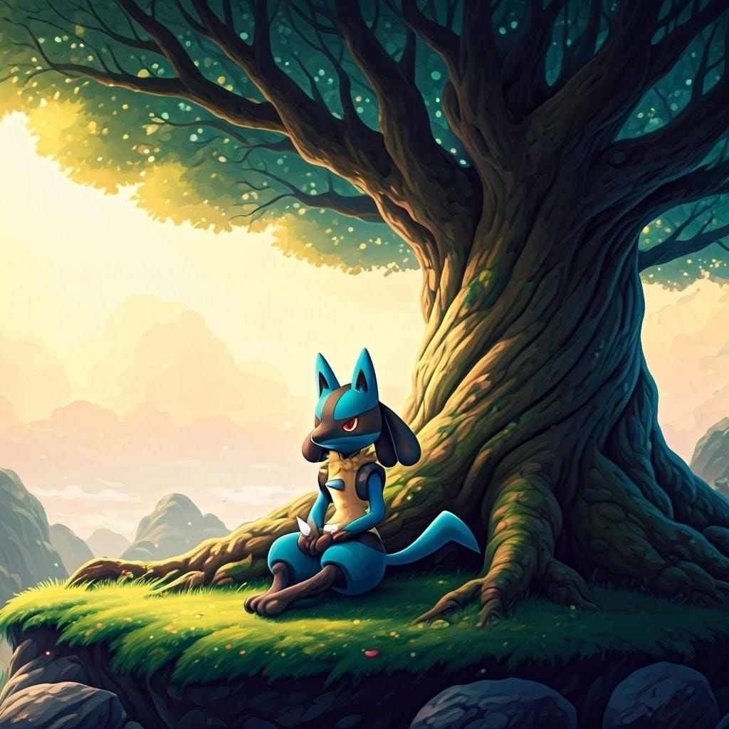 Lucario Sits Serenely under Ancient Tree in Dreamlike Landsc...