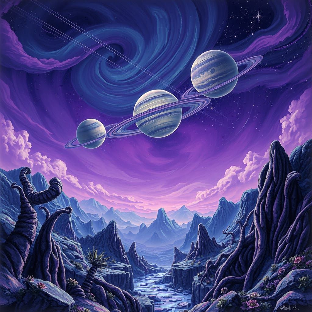 Cosmic Wonders: A Dark Violet Hues Alien Landscape