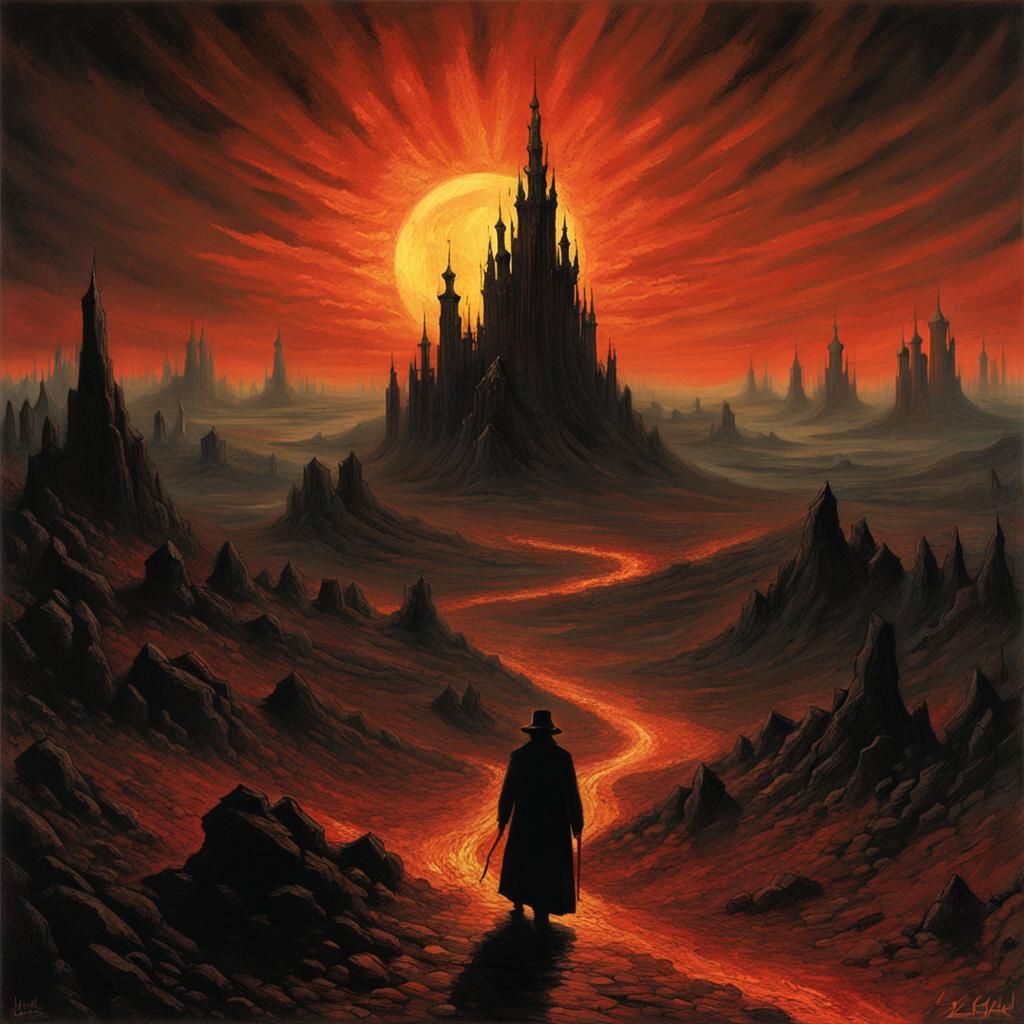 Infernal Landscape in Eerie Surrealist Style