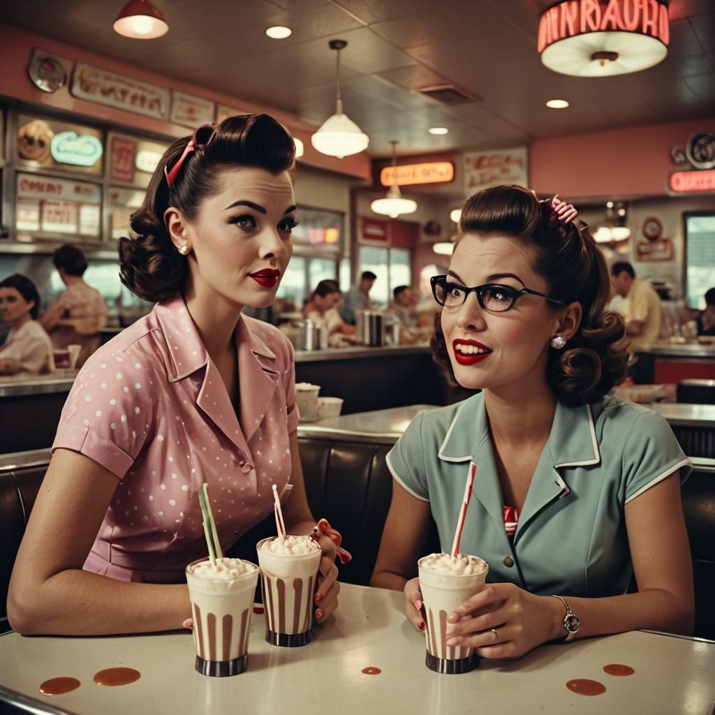 Two Women Enjoying Milkshakes in a Retro Diner