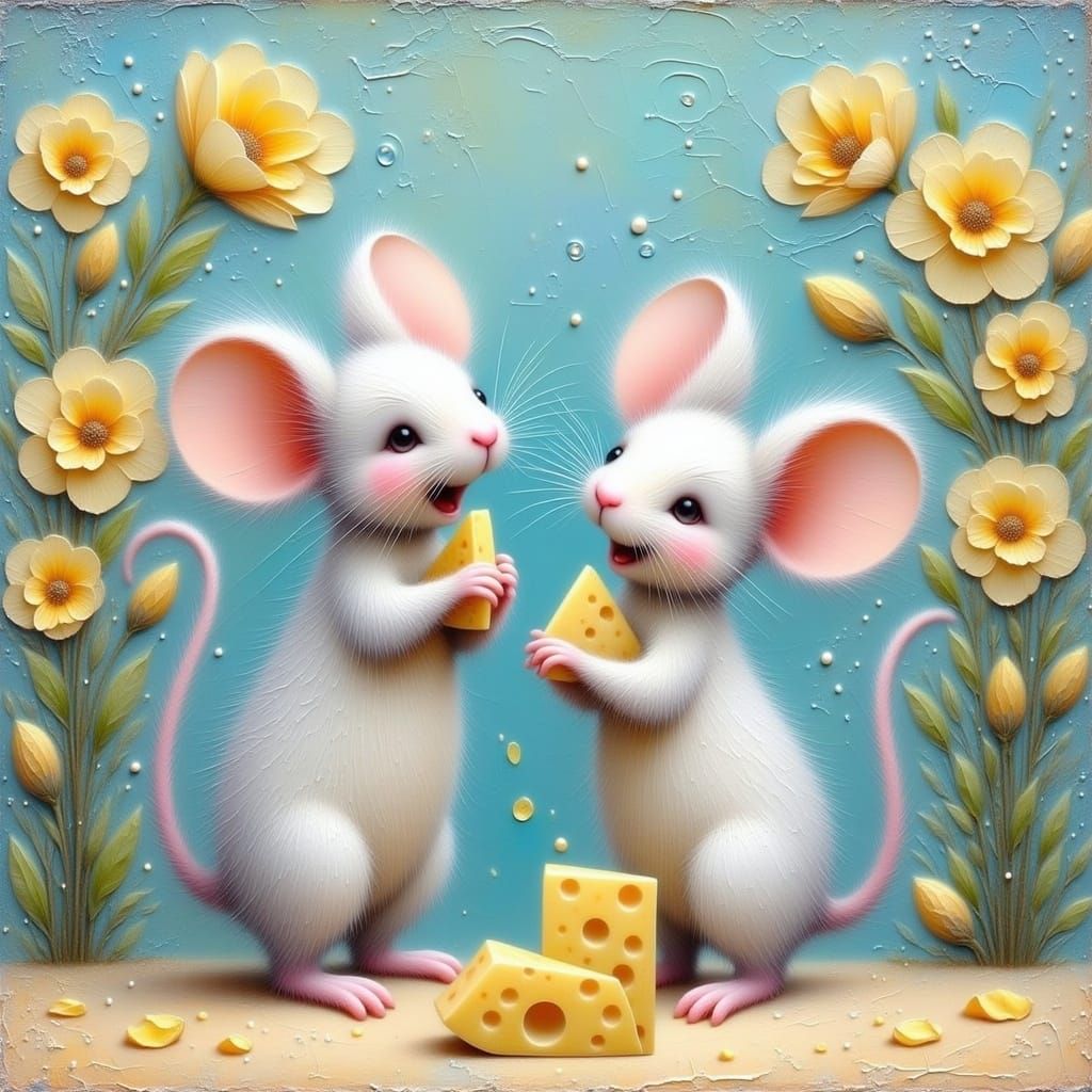 Whimsical Mice Snack on Golden Cheese in Sunny Garden